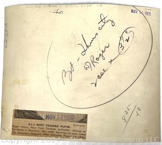 Three (3) Wire News Photos with Descriptions: Phil Rizzuto; Casey Stengel (1952); Roger Maris (1960).