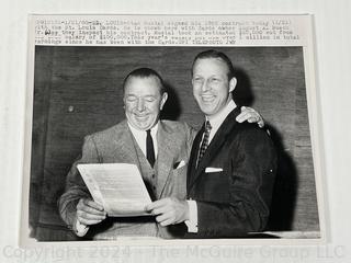 Four (4) Historical NewsWire Black & White Photographs with Descriptions of Baseball Greats Including Dizzy Dean, Stan Musial and Manager Bucky Harris of the Washington Senators.