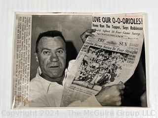 Ten (10) Black & White News Photographs of Baltimore Orioles Baseball History: Earl Weaver; Hank Bauer; Municipal Stadium; Playoff Wins '66; etc