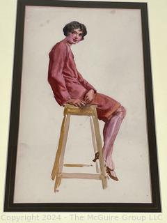 {Note: This painting is being withdrawn for further review.  It will be in a future TMG auction 2-22-24 @ 7:53pm ET} Framed Watercolor of Woman On Stool Signed by Artist C. Coles Phillips. 20" x 15".