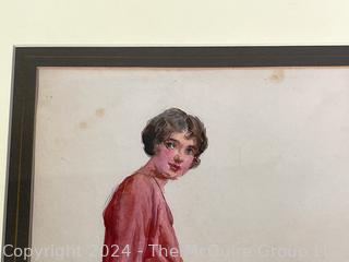 {Note: This painting is being withdrawn for further review.  It will be in a future TMG auction 2-22-24 @ 7:53pm ET} Framed Watercolor of Woman On Stool Signed by Artist C. Coles Phillips. 20" x 15".