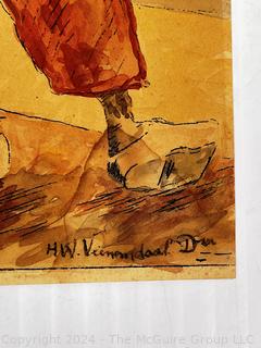 Original Unframed Watercolor of Fishermen by Hendrik Willem Veenendaal (1886-1946), Dutch.  7 x 11"  (WAS 291LS)