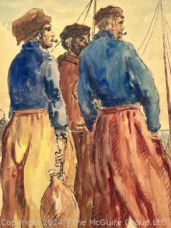 Original Unframed Watercolor of Fishermen by Hendrik Willem Veenendaal (1886-1946), Dutch.  7 x 11"  (WAS 291LS)