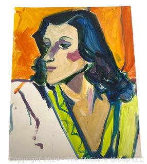 Original Unframed Watercolor Portrait of Woman with Orange Background. 16" x 20"