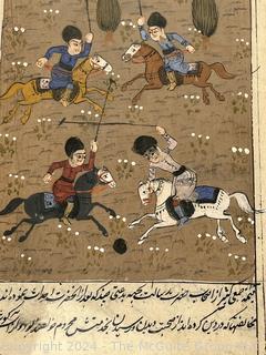 Framed Under Glass Persian Manuscript Page with Illustration of Ottoman Battle Scene. 10 x 15"