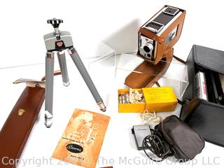 Super 8 Movie Camera, Tripod, Cassette Tape Player and Slide Rule 