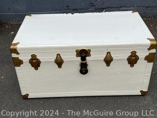 White Painted Metal Steamer Trunk with Brass Fittings and Tray