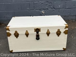 White Painted Metal Steamer Trunk with Brass Fittings and Tray