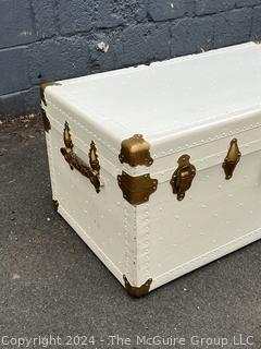 White Painted Metal Steamer Trunk with Brass Fittings and Tray