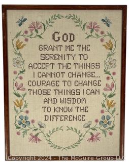 Framed Cross Stich Embroidery of the Serenity Prayer.  14 x 18"