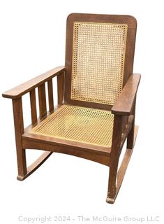 Arts and Crafts Cane Rocking Chair Made by Stickley Brothers  Quaint Furniture with Brass Label. 