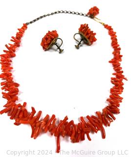 Red Coral Branch and Bead Necklace with Matching Screw Back Earrings