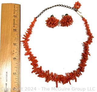 Red Coral Branch and Bead Necklace with Matching Screw Back Earrings