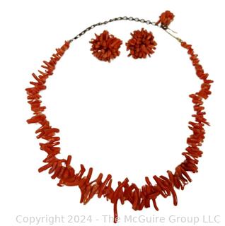 Red Coral Branch and Bead Necklace with Matching Screw Back Earrings