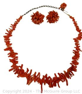 Red Coral Branch and Bead Necklace with Matching Screw Back Earrings