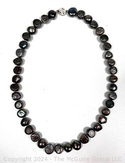 Black Coin Pearl Necklace with Sterling Clasp. 