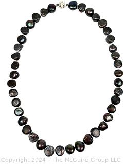 Black Coin Pearl Necklace with Sterling Clasp. 