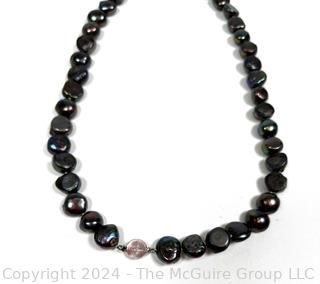 Black Coin Pearl Necklace with Sterling Clasp. 