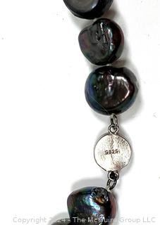 Black Coin Pearl Necklace with Sterling Clasp. 