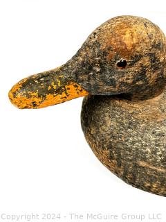 Primitive Hand Carved and Painted Wooden Mallard Hunting Decoy with Yellow Bill