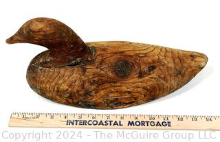 Primitive Hand Carved and Unpainted Wooden Mallard Hunting Decoy from Nova Scotia