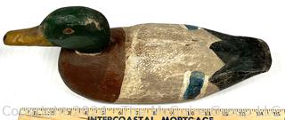 Primitive Hand Carved and Painted Wooden Mallard Hunting Decoy with Green Head