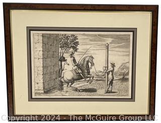 Framed Under Glass Steel Plate Engraving From the Book of Horse Dressage. Original (circa 1700)  Measures 13 x 17"