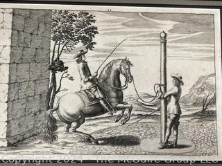 Framed Under Glass Steel Plate Engraving From the Book of Horse Dressage. Original (circa 1700)  Measures 13 x 17"