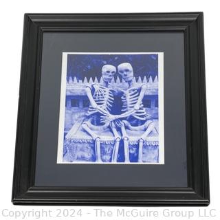 Framed Under Glass Altered Photo of Skeletons on Bench. 19 x 23"