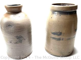 Two (2) American 19th Century Decorated Stoneware Salt Glaze Crocks or Jars. 9" tall