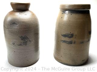 Two (2) American 19th Century Decorated Stoneware Salt Glaze Crocks or Jars. 9" tall