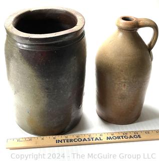 Two (2) American 19th Century Salt Glaze Stoneware Crock or Jar with Handle ~9" tall