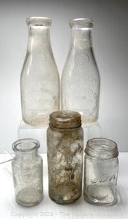 Five (5) Clear Glass Bottles Including (2) Arlington County Dairy (ACD) VA Marcey Bros. Inc, Clarendon Clear Quart Milk Bottles