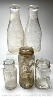 Five (5) Clear Glass Bottles Including (2) Arlington County Dairy (ACD) VA Marcey Bros. Inc, Clarendon Clear Quart Milk Bottles