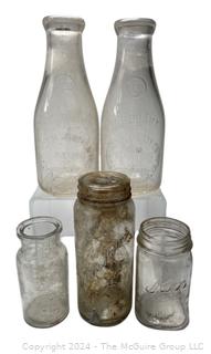 Five (5) Clear Glass Bottles Including (2) Arlington County Dairy (ACD) VA Marcey Bros. Inc, Clarendon Clear Quart Milk Bottles