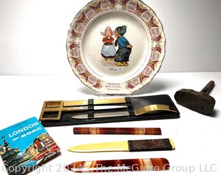 Group of Dutch Theme Plate, Desk Set, Agate Letter Opener, Wallpaper Stamp and Guide Book