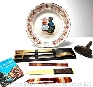 Group of Dutch Theme Plate, Desk Set, Agate Letter Opener, Wallpaper Stamp and Guide Book