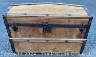 Early American Dome Top Wood Steamer Trunk Chest with Iron Fittings and Bent Wood Handles