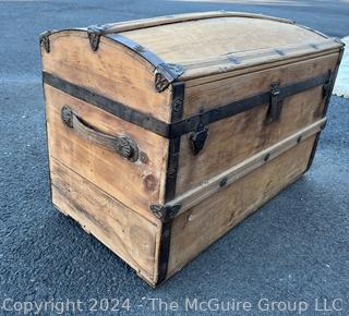 Early American Dome Top Wood Steamer Trunk Chest with Iron Fittings and Bent Wood Handles