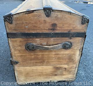 Early American Dome Top Wood Steamer Trunk Chest with Iron Fittings and Bent Wood Handles