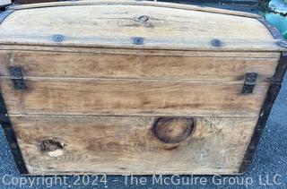 Early American Dome Top Wood Steamer Trunk Chest with Iron Fittings and Bent Wood Handles