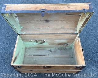 Early American Dome Top Wood Steamer Trunk Chest with Iron Fittings and Bent Wood Handles