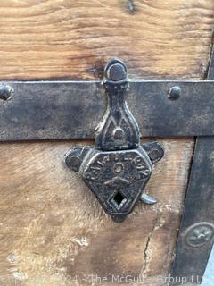 Early American Dome Top Wood Steamer Trunk Chest with Iron Fittings and Bent Wood Handles