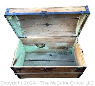 Early American Dome Top Wood Steamer Trunk Chest with Iron Fittings and Bent Wood Handles