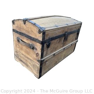 Early American Dome Top Wood Steamer Trunk Chest with Iron Fittings and Bent Wood Handles