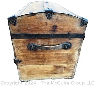 Early American Dome Top Wood Steamer Trunk Chest with Iron Fittings and Bent Wood Handles