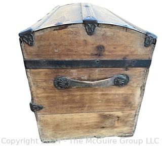 Early American Dome Top Wood Steamer Trunk Chest with Iron Fittings and Bent Wood Handles