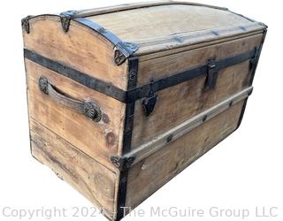 Early American Dome Top Wood Steamer Trunk Chest with Iron Fittings and Bent Wood Handles