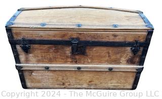 Early American Dome Top Wood Steamer Trunk Chest with Iron Fittings and Bent Wood Handles