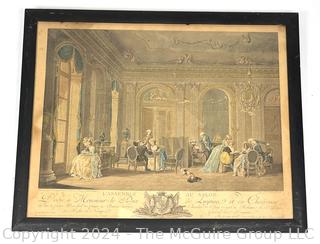 Framed Under Glass Engraving  Circa 1910 "L'assemblé Au Salon" .  17" x 21"